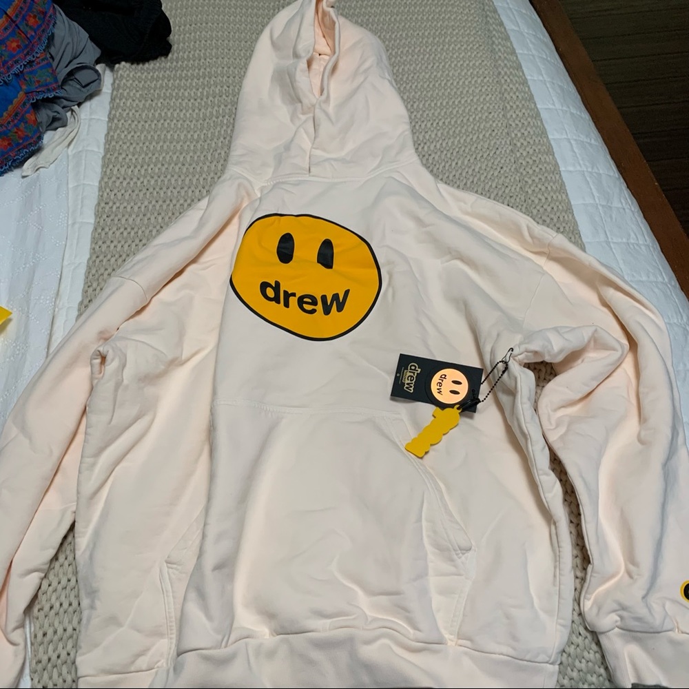 drew house Peach Hoodie with Yellow Smiley Logo